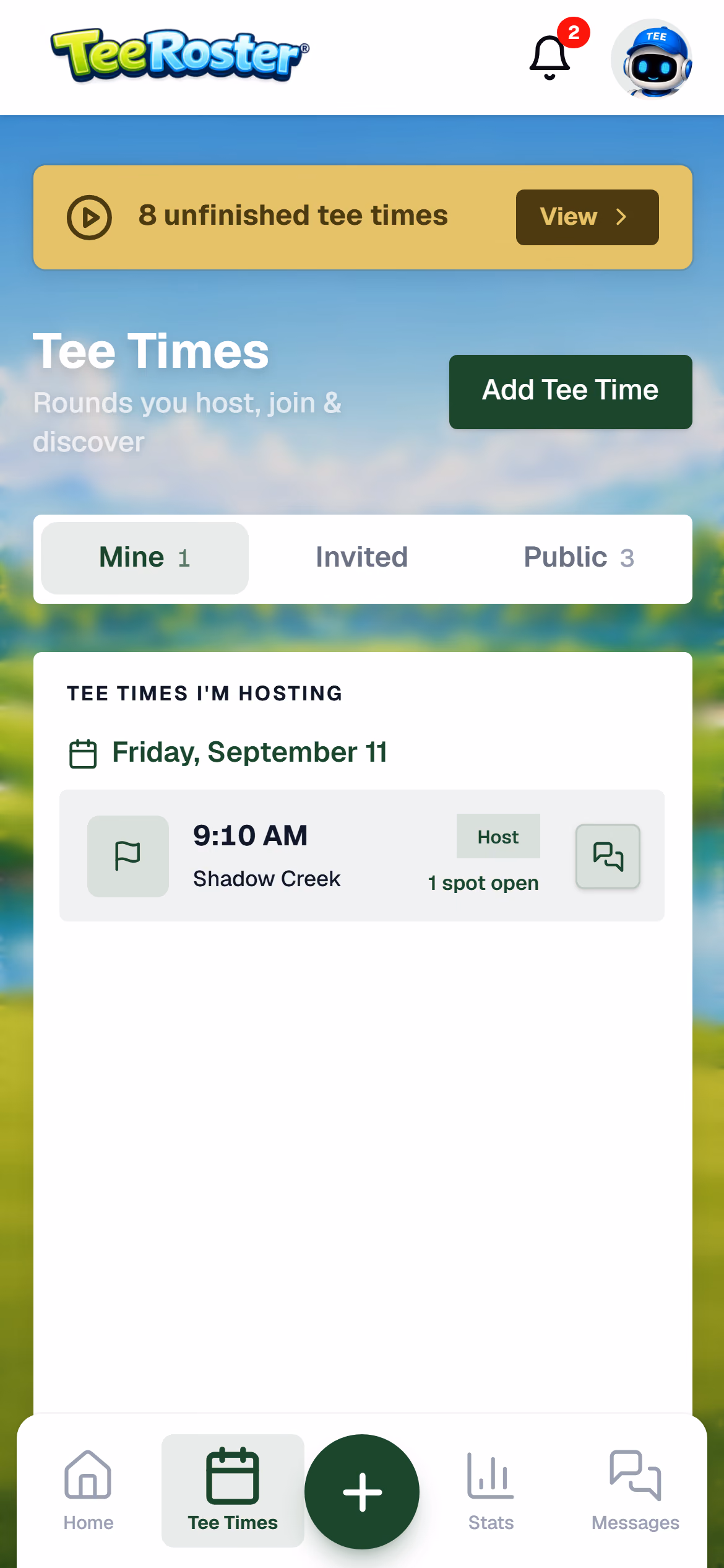 Tee Times management screen