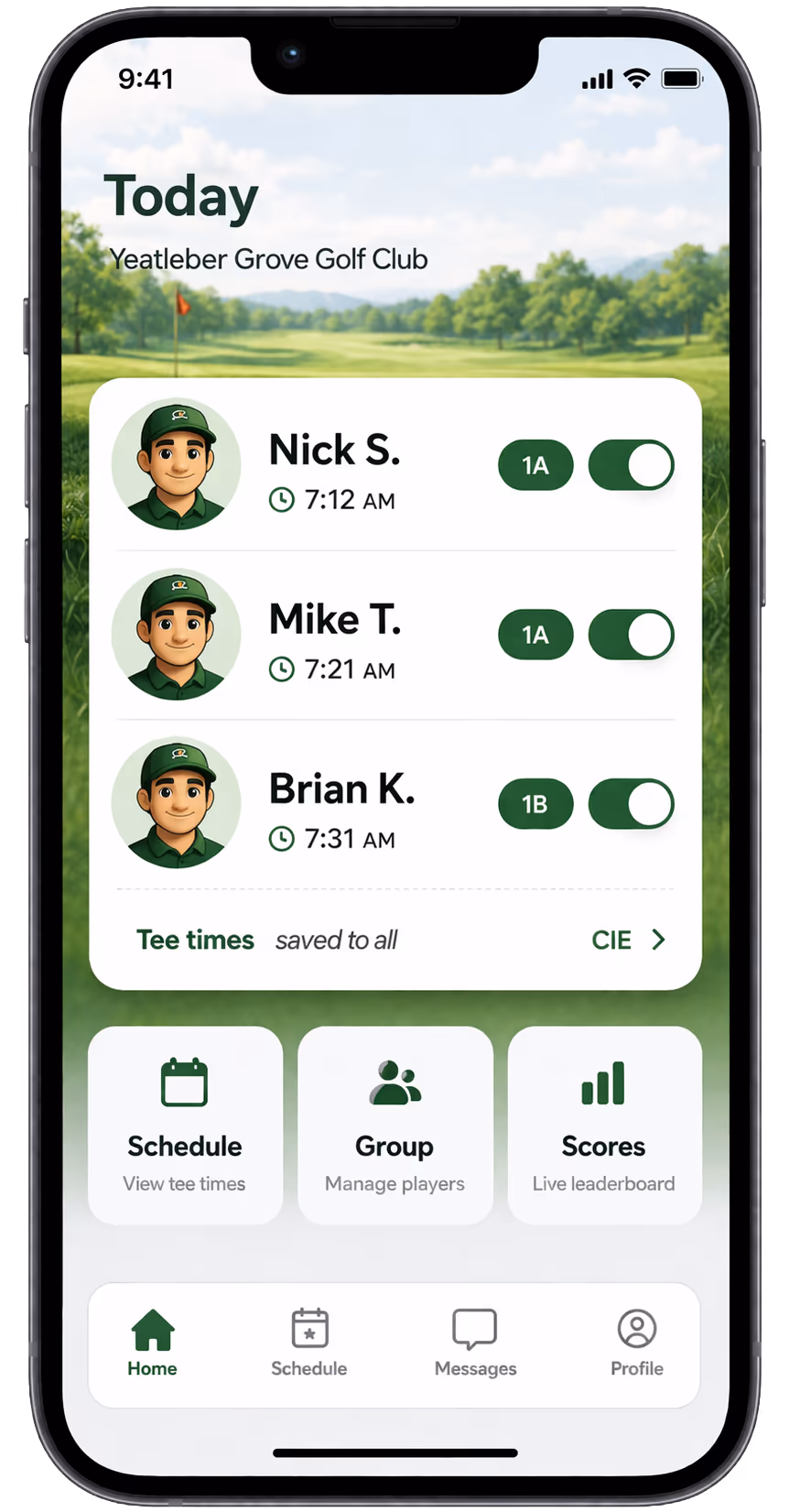 Tee Times management screen