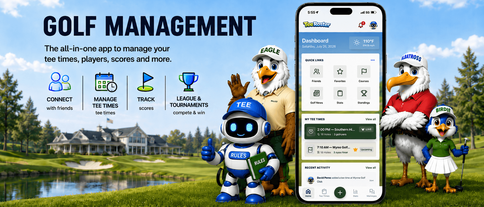 Golf management — the all-in-one app to manage your tee times, players, scores and more. Connect with friends, manage tee times, track scores, run leagues and tournaments.